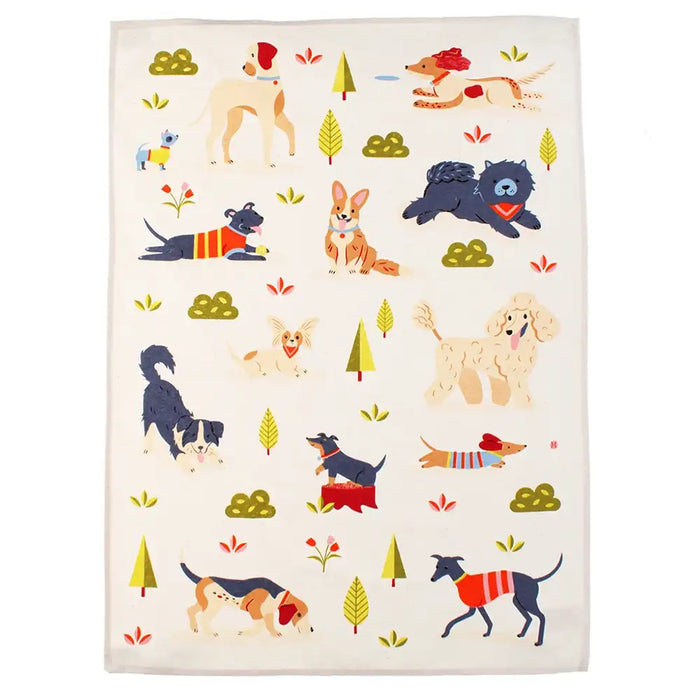 Patterned towel with cartoon dogs and animals on a white background