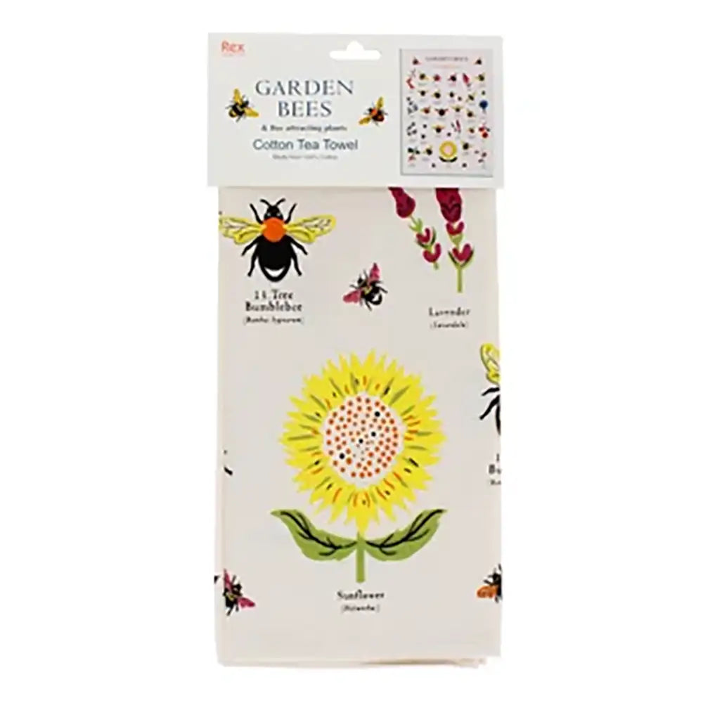 Cotton tea towel with bee and flower designs in packaging