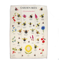 Tea towel with illustrations of garden bees and corresponding flowers on a white background
