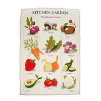Kitchen garden-themed towel with illustrations of vegetables and fruits on a white background
