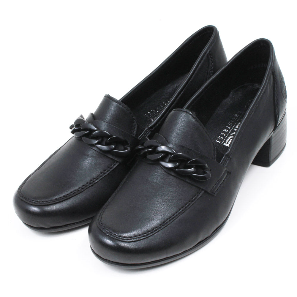Rieker black everyday shoes with black chain foot detail and wide medium heel. Shoes shown at an angle.