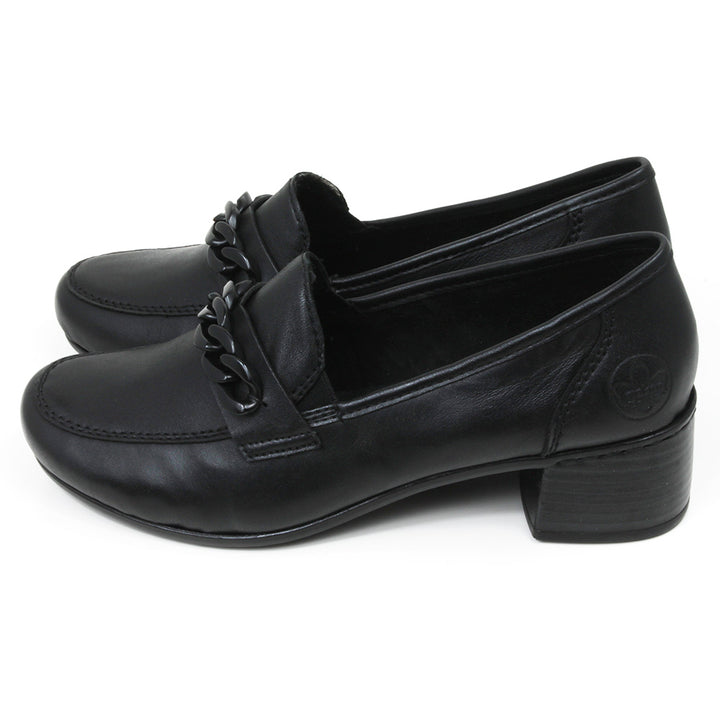 Rieker black everyday shoes with black chain foot detail and wide medium heel. Shoes shown from the side. Rieker logo pressed in to material at the ankle.