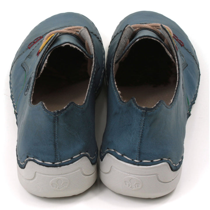 Rieker mid blue lace up shoes. White soles. Rieker logo embossed on the sole.Back shot.