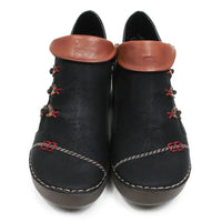 A pair of black faux leather ankle boots with brown faux leather trim around the collar, decorative red and brown laces, and contrast stitching on the toe, shown against a plain white background.