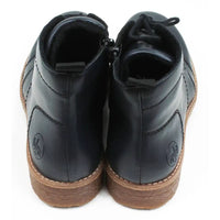 Rieker navy blue flats lace up ankle boots. Padded tongue. Back fabric ankle tabs. Cream coloured soles. Back view.