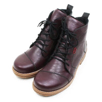 A pair of women's lace-up ankle boots in a deep burgundy leather, featuring black laces, contrast stitching, and light tan soles, shown on a plain white background.