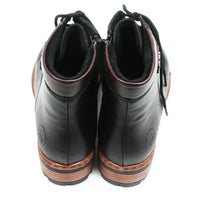 A pair of black leather ankle boots with black laces, a black faux-fur lining, and a brown wood-look midsole, shown from a rear three-quarter view on a white background.