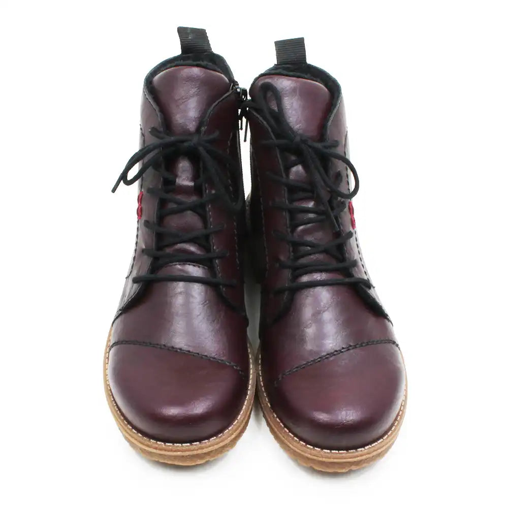 A pair of dark burgundy leather lace-up ankle boots with black laces and tan soles, shown from a top-down view on a white background.