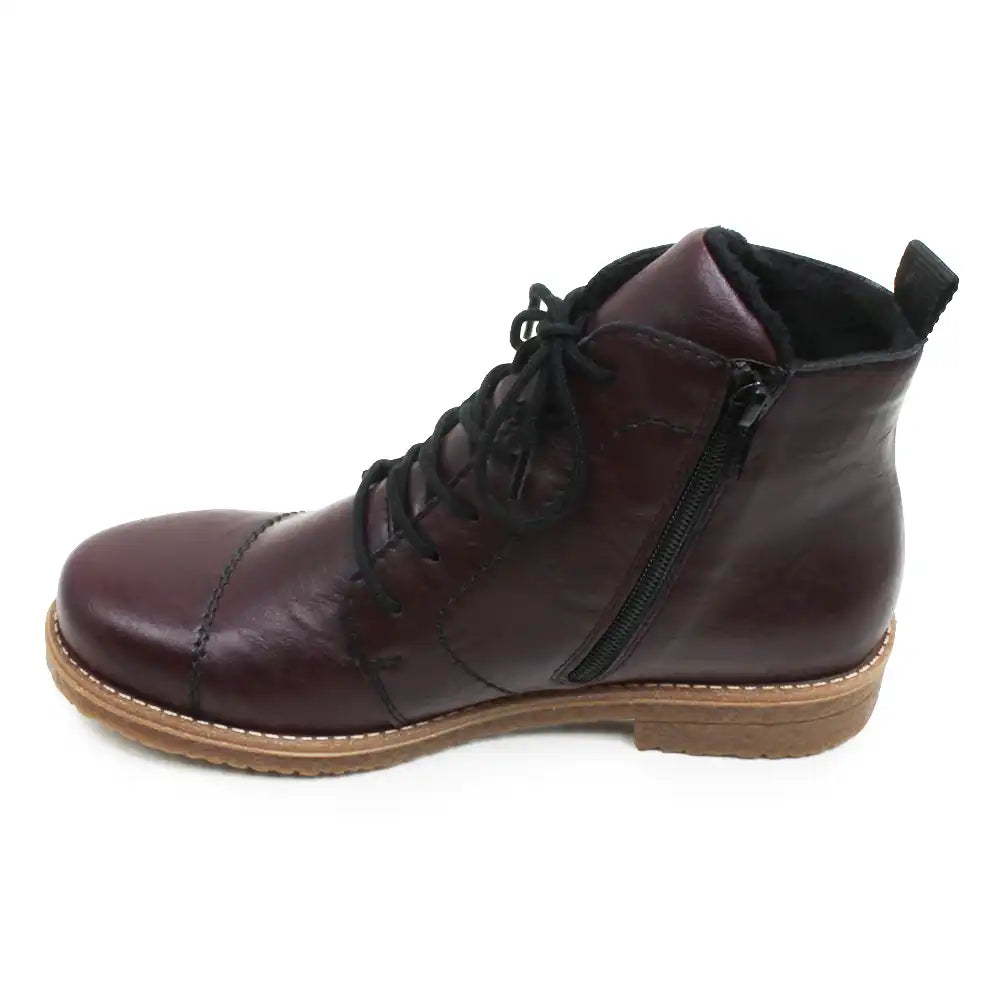 A dark burgundy leather ankle boot with black laces, a black side zipper, and a brown sole, shown from a side profile view on a white background.