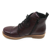 A dark burgundy leather ankle boot with black laces, a black side zipper, and a brown sole, shown from a side profile view on a white background.