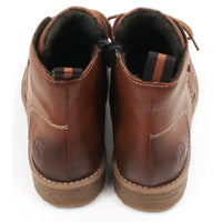 Pair of brown leather look boots with laces on a white background back view showing tab.