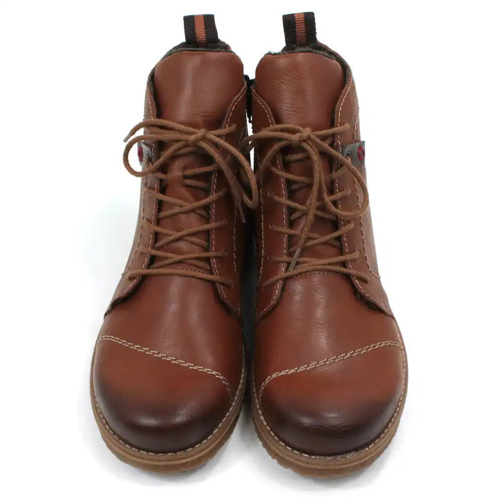 Pair of brown leather look boots with laces on a white background, front view.