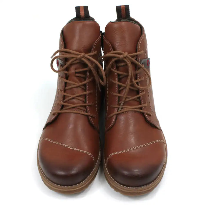 Pair of brown leather look boots with laces on a white background, front view.