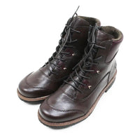 A pair of dark brown leather lace-up ankle boots with black laces and small gold-tone metal accents, shown on a plain white background.