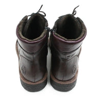 A pair of dark brown leather ankle boots with a soft brown faux-fur lining, shown from a rear three-quarter view on a white background.
