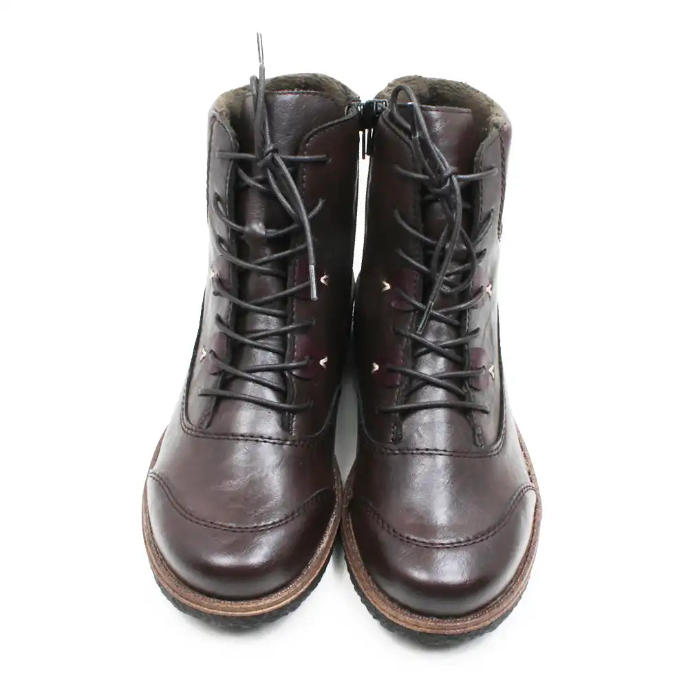 A pair of dark brown leather lace-up ankle boots with a soft fuzzy lining visible at the top, photographed against a plain white background.