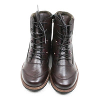 A pair of dark brown leather lace-up ankle boots with a soft fuzzy lining visible at the top, photographed against a plain white background.