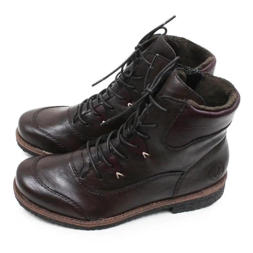 A pair of dark brown leather lace-up ankle boots with black laces and a soft brown lining, shown on a plain white background.