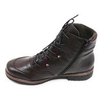 A dark brown leather lace-up ankle boot with black laces and small gold-tone metal accents, shown on a plain white background. Zip up the side of the ankle.