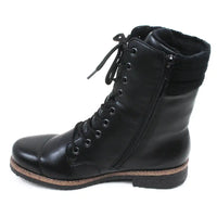 Black leather boot with lace-up design on a white background