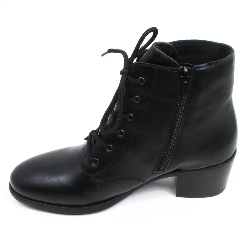 Rieker Victorian styled laced ankle boots with zip up fitting. Black with almond toes and medium heels. Embossed Rieker logo on heels. View of a single boot showing the zip fastening.