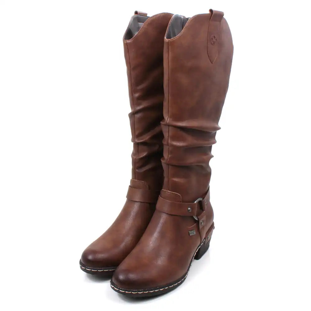 Pair of tall, brown faux leather boots on a white background