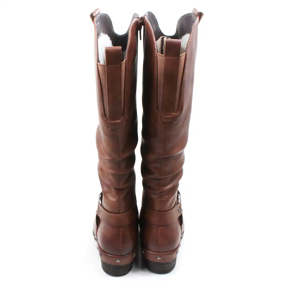 Pair of tall, brown faux leather boots on a white background