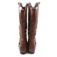 Pair of tall, brown faux leather boots on a white background