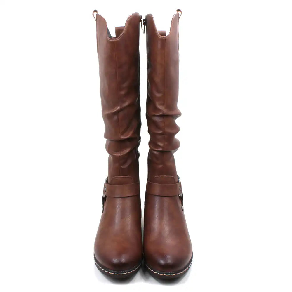 Pair of tall, brown faux leather boots on a white background