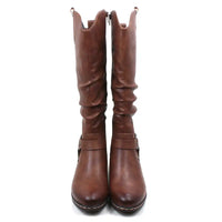 Pair of tall, brown faux leather boots on a white background
