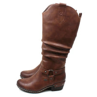 Pair of tall, brown faux leather boots on a white background