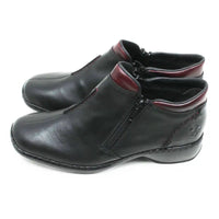 A pair of women's black leather ankle boots with a side zipper and a contrasting dark burgundy collar, shown on a plain white background.