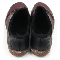 Pair of maroon leather shoes with multicolored striped design on a white background. Back view.
