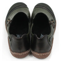 Pair of dark green leather shoes with zips on a white background. Back view.