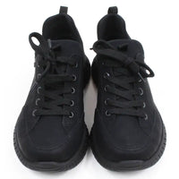 Rieker fabric black lace up trainers. Flat black laces. Low rise around the ankles. Substantial black rubber soles. Front view.