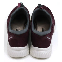 Rieker burgundy trainers in lightweight fabric and white soles. Grey ankle padding and tongues. Elasticated adjustment across the feet. Back view.