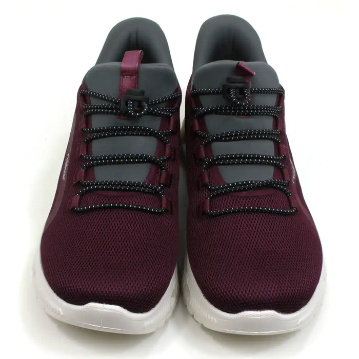 Rieker burgundy trainers in lightweight fabric and white soles. Grey ankle padding and tongues. Elasticated adjustment across the feet. Front view.