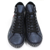 Pair of navy ankle boots with zippers and adjustment laces. Front view.