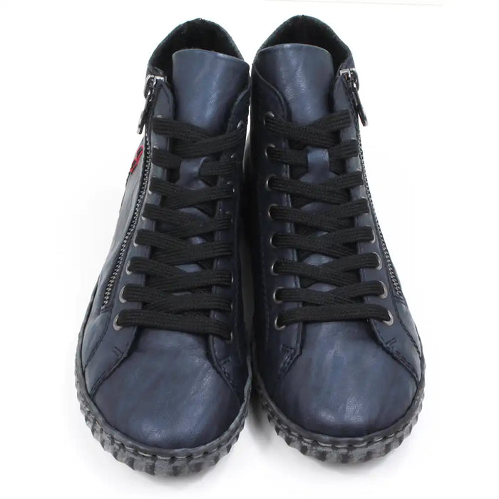 Pair of navy ankle boots with zippers and adjustment laces. Front view.