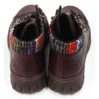 Maroon ankle boots with zippers and knitted ankle cuffs on a white background