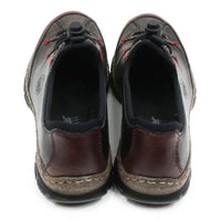 A pair of women's lace-up shoes shown from the back, featuring dark brown leather uppers with reddish-brown heel panels, black laces, and cork-wrapped midsoles on a white background.
