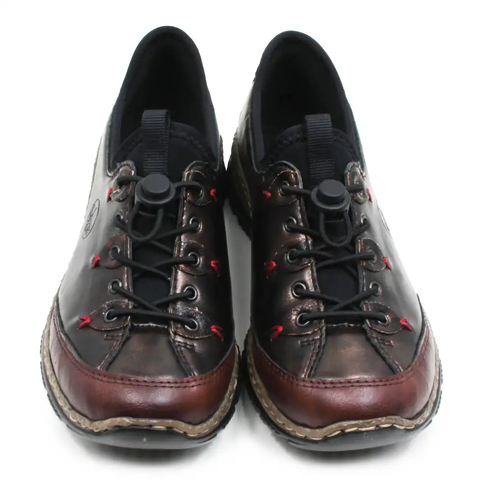 A pair of dark brown leather lace-up shoes with black laces, black elastic lacing hardware, and a distressed finish, shown against a plain white background.