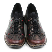 A pair of dark brown leather lace-up shoes with black laces, black elastic lacing hardware, and a distressed finish, shown against a plain white background.