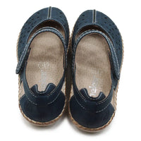 Navy blue sandals with straps on white background.