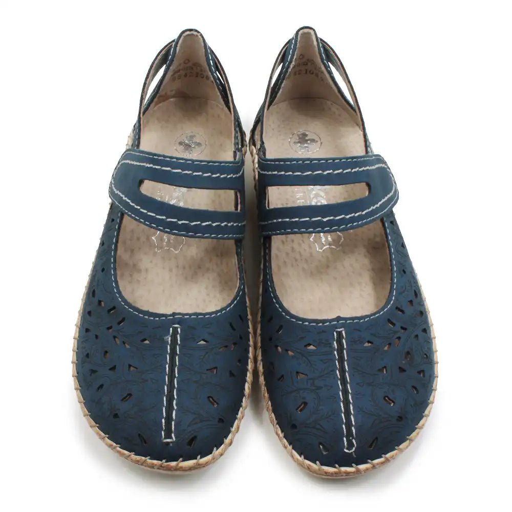 Navy blue sandals with straps on white background.