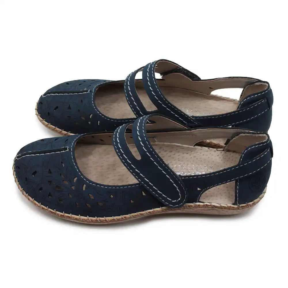 Navy blue sandals with straps on white background.