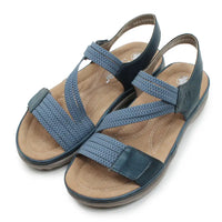 Blue fabric strapped sandals on a white background.