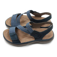 Blue fabric strapped sandals on a white background.