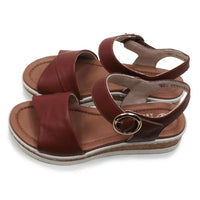 Brown sandals with a gold buckle on a white background