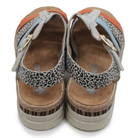 Pair of sandals with leopard print straps on a white background